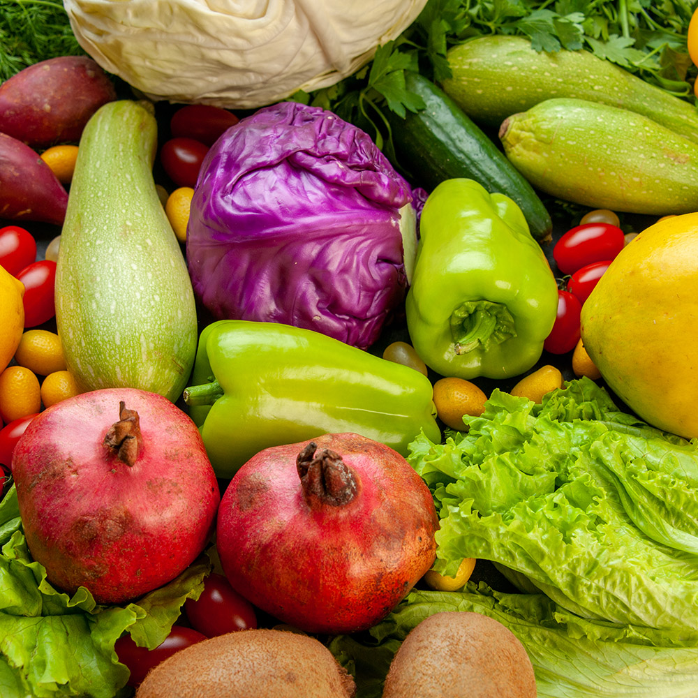 bottom view vegetables and fruits zucchini bell peppers quince c